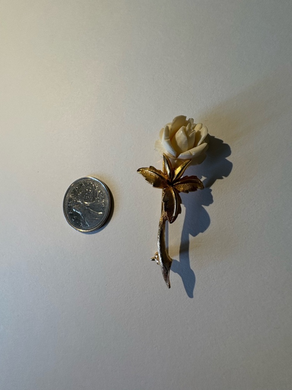 Ivory Rose Flower Brooch with Gold-Tone Stem